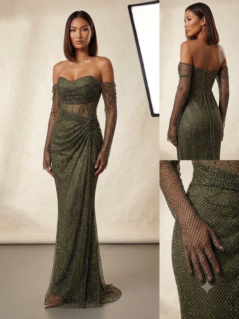 FOR COSTUME Düşük Omuz Kalp Yaka Transparan Korseli Eldiven Detaylı Abiye Elbise 10344 - HAKİ