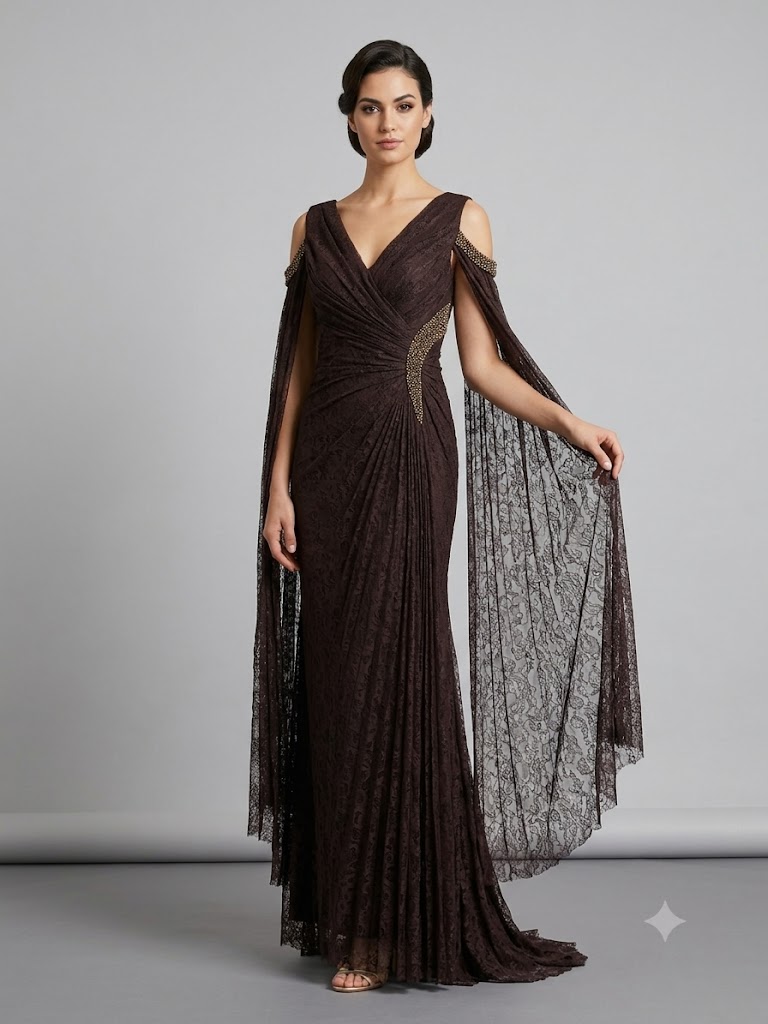 FOR COSTUME Kadın Dantel Detaylı Pelerin Kollu Uzun Abiye Elbise 10422 - kahve