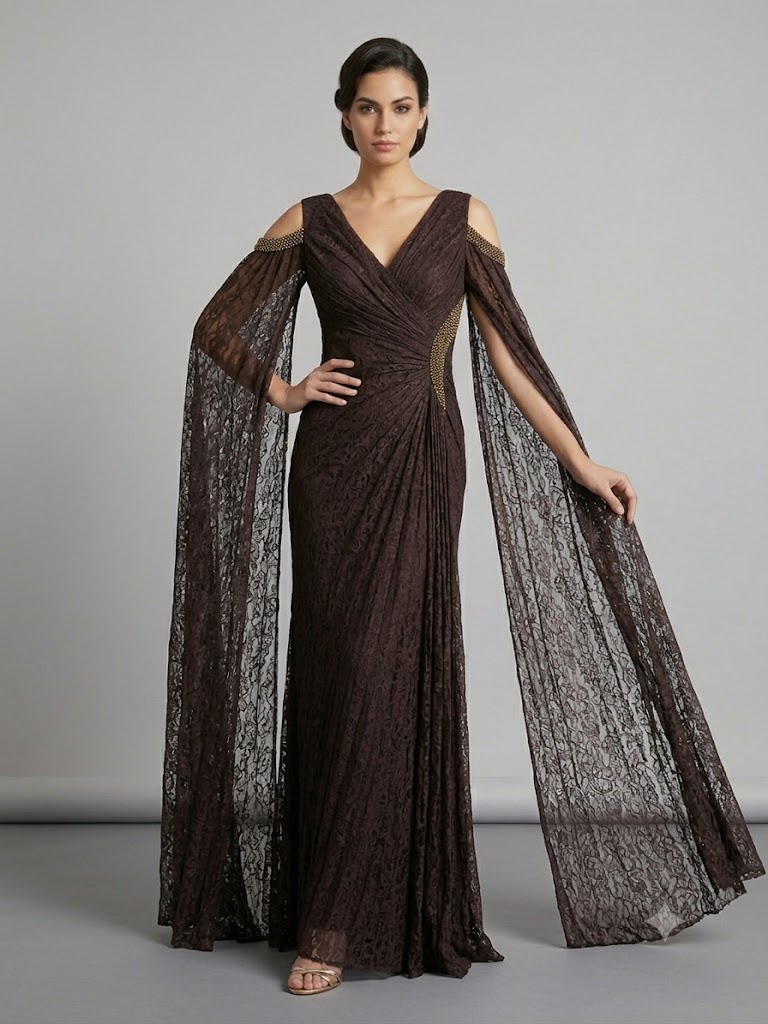 FOR COSTUME Kadın Dantel Detaylı Pelerin Kollu Uzun Abiye Elbise 10422 - kahve