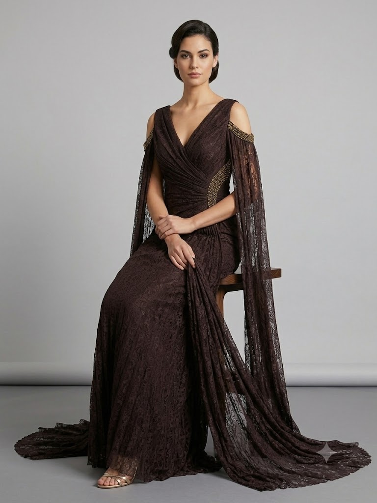FOR COSTUME Kadın Dantel Detaylı Pelerin Kollu Uzun Abiye Elbise 10422 - kahve