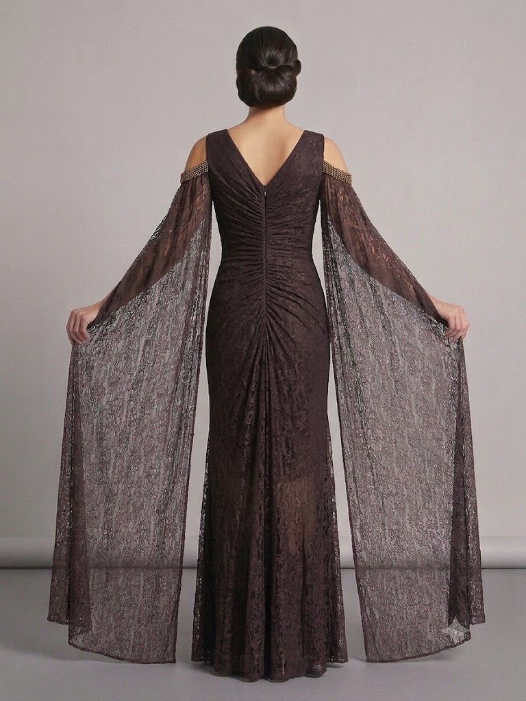 FOR COSTUME Kadın Dantel Detaylı Pelerin Kollu Uzun Abiye Elbise 10422 - kahve