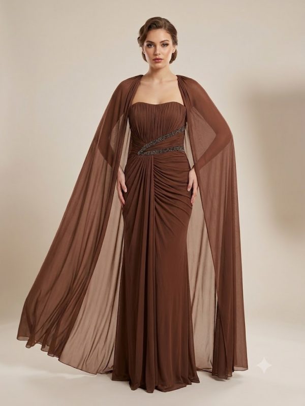FOR COSTUME Straplez Pelerinli Boncuk İşlemeli Drape Detaylı Uzun Şifon Abiye Elbise 10491