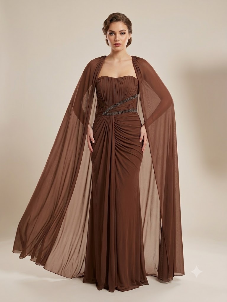 FOR COSTUME Straplez Pelerinli Boncuk İşlemeli Drape Detaylı Uzun Şifon Abiye Elbise 10491 - A.KAHVE