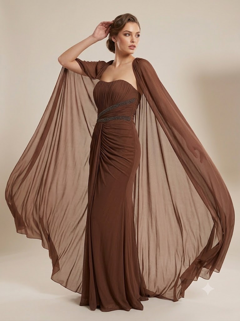 FOR COSTUME Straplez Pelerinli Boncuk İşlemeli Drape Detaylı Uzun Şifon Abiye Elbise 10491 - A.KAHVE