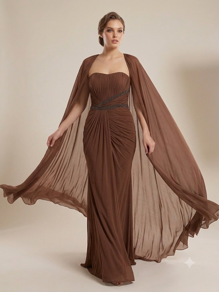 FOR COSTUME Straplez Pelerinli Boncuk İşlemeli Drape Detaylı Uzun Şifon Abiye Elbise 10491 - A.KAHVE