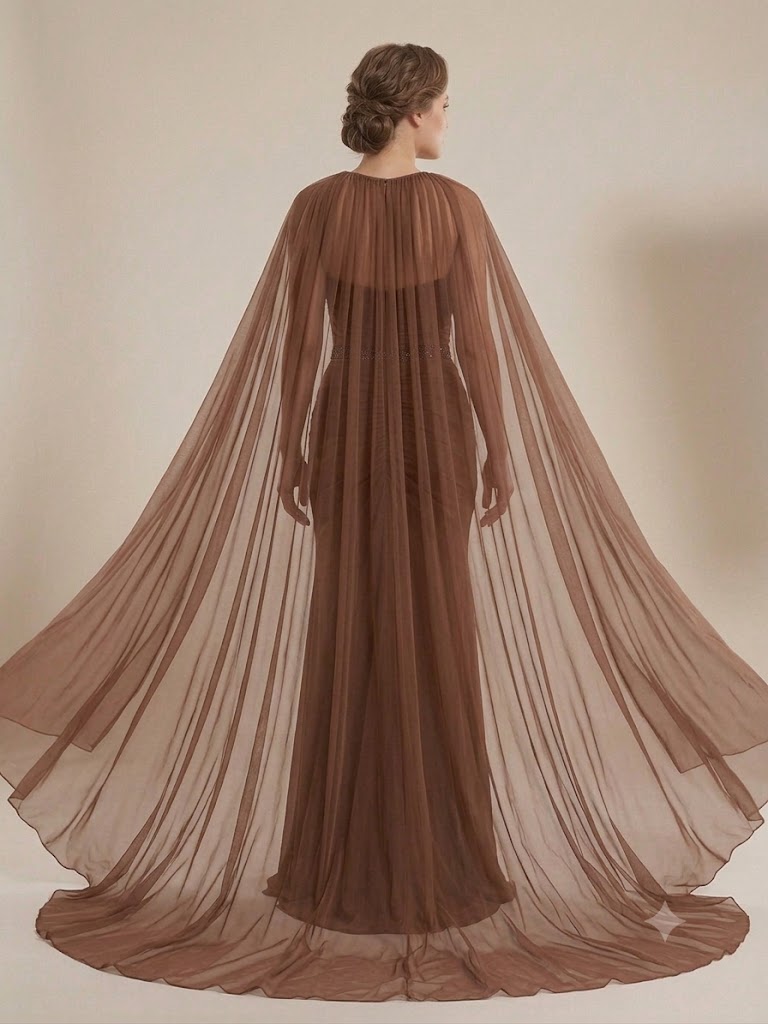 FOR COSTUME Straplez Pelerinli Boncuk İşlemeli Drape Detaylı Uzun Şifon Abiye Elbise 10491 - A.KAHVE