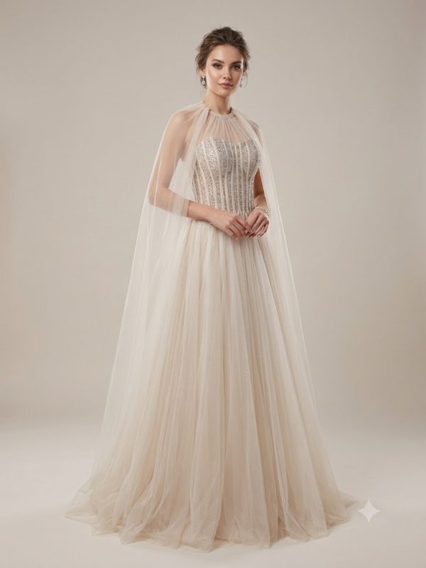 FOR COSTUME Taş İşlemeli Pelerinli Tül Abiye Elbise 10523