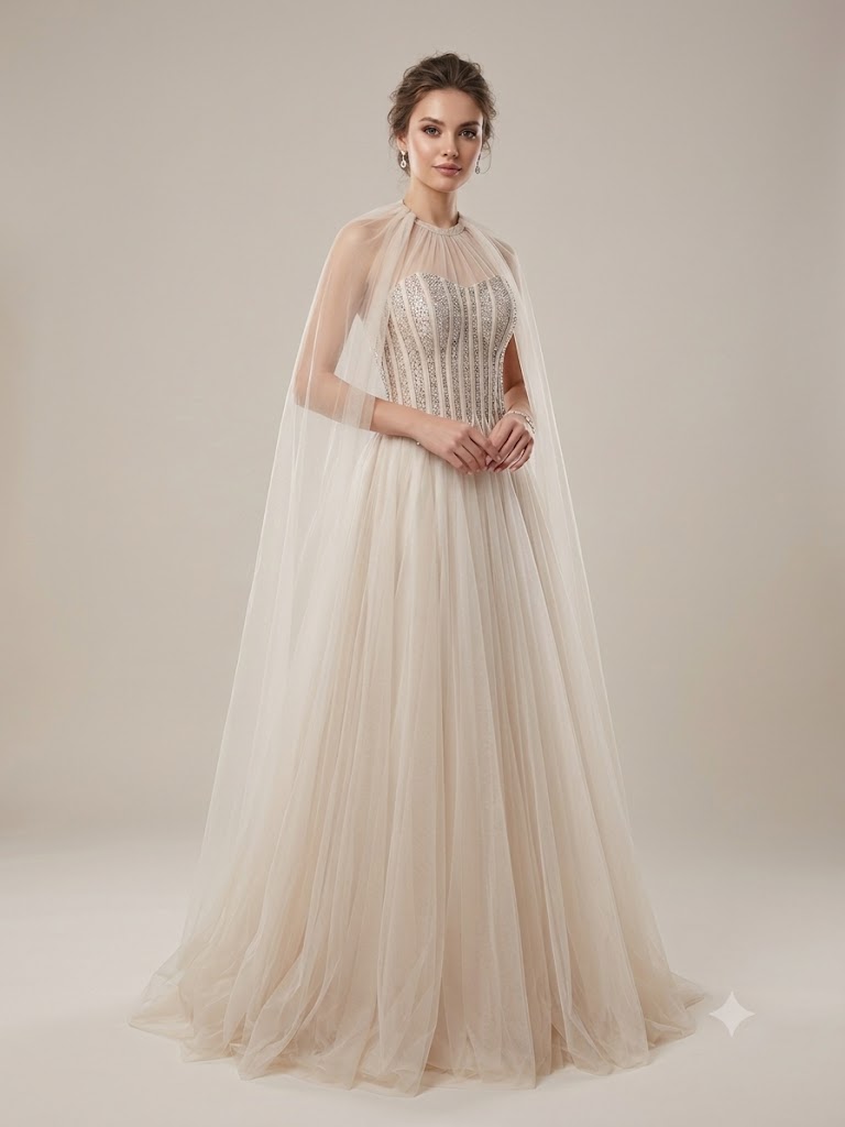 FOR COSTUME Taş İşlemeli Pelerinli Tül Abiye Elbise 10523 - TAŞ