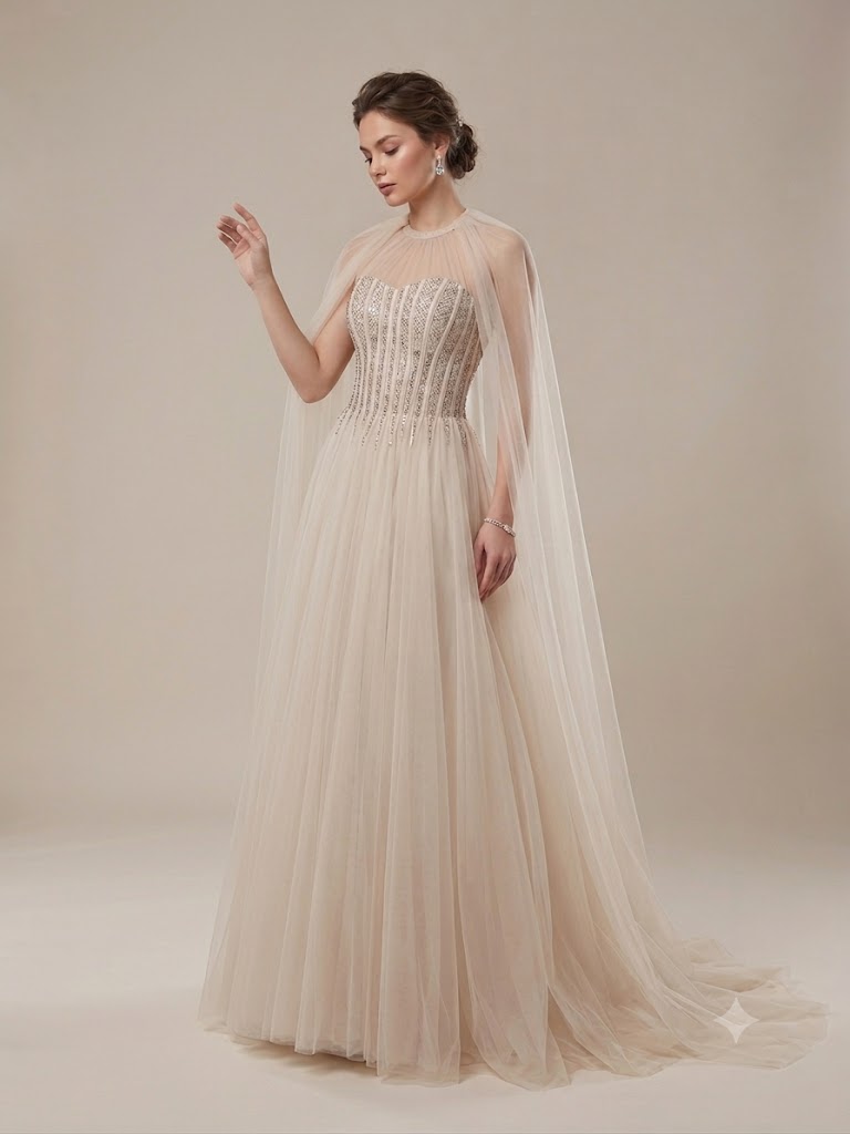 FOR COSTUME Taş İşlemeli Pelerinli Tül Abiye Elbise 10523 - TAŞ