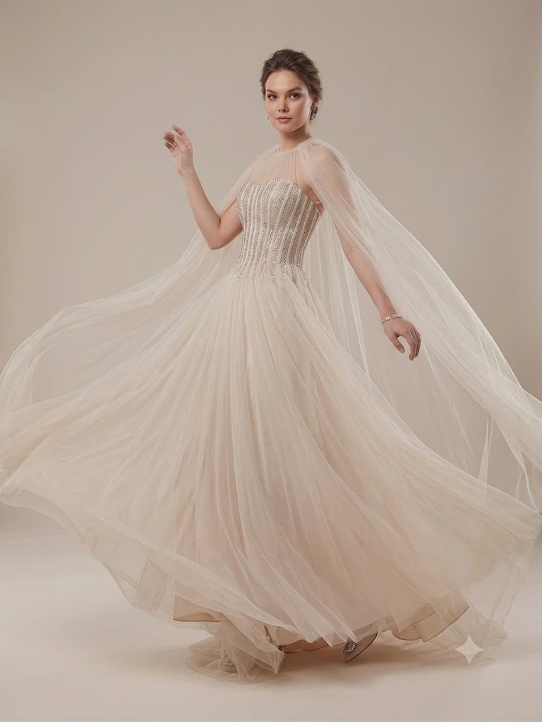 FOR COSTUME Taş İşlemeli Pelerinli Tül Abiye Elbise 10523 - TAŞ