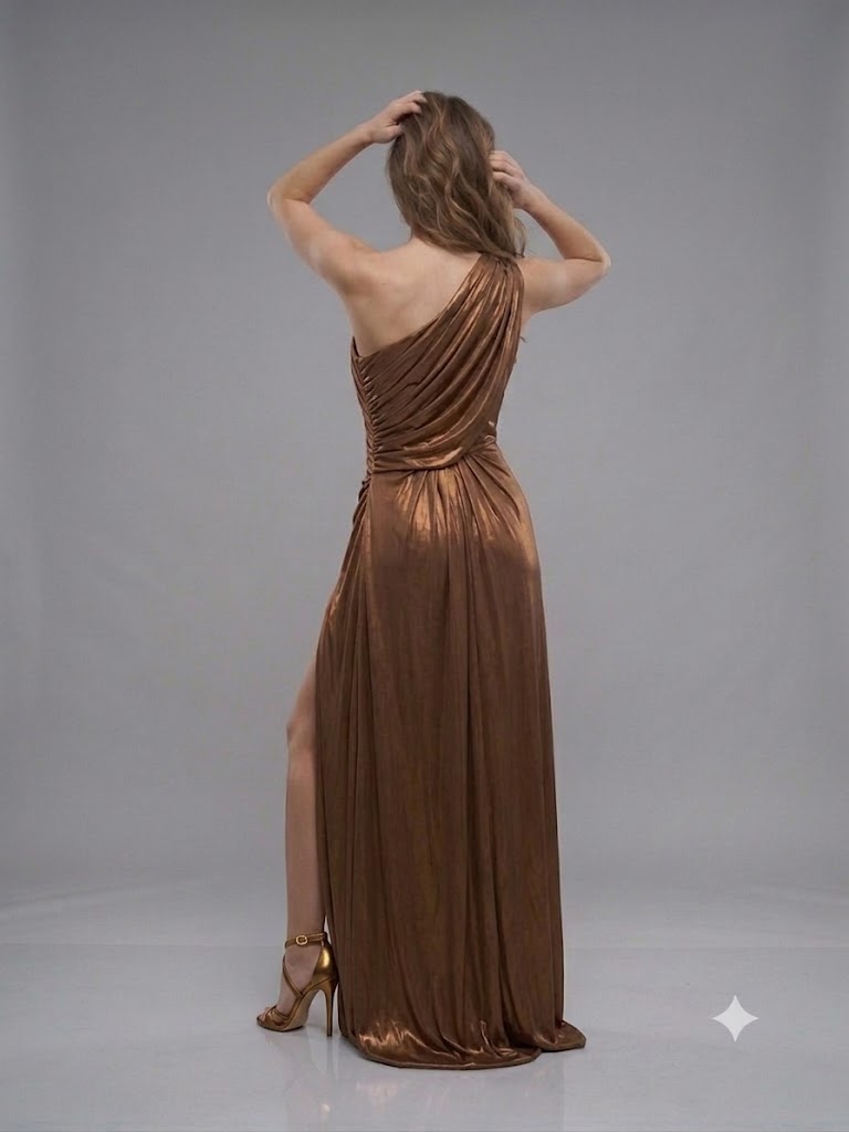 FOR COSTUME Tek Omuz Saten Görünümlü Drape Detaylı Yırtmaçlı Abiye Elbise 10563 - BAKIR