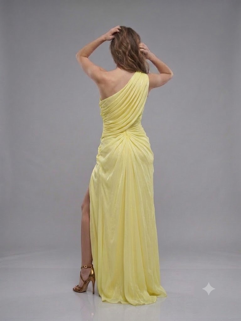 FOR COSTUME Tek Omuz Saten Görünümlü Drape Detaylı Yırtmaçlı Abiye Elbise 10563 - SARI