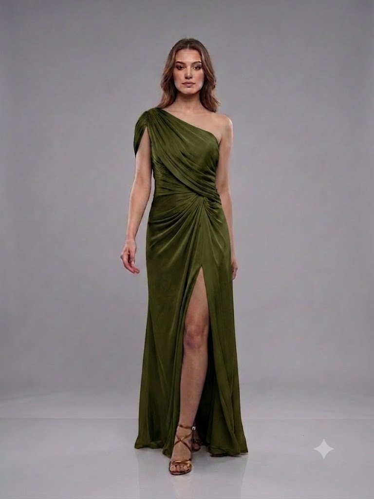 FOR COSTUME Tek Omuz Saten Görünümlü Drape Detaylı Yırtmaçlı Abiye Elbise 10563 - HAKİ