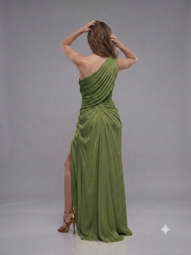 FOR COSTUME Tek Omuz Saten Görünümlü Drape Detaylı Yırtmaçlı Abiye Elbise 10563 - HAKİ
