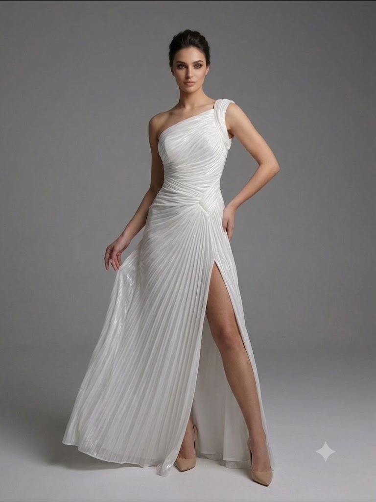 FOR COSTUME Tek Omuz Drape Detaylı Yırtmaçlı Abiye  9558 - kemik