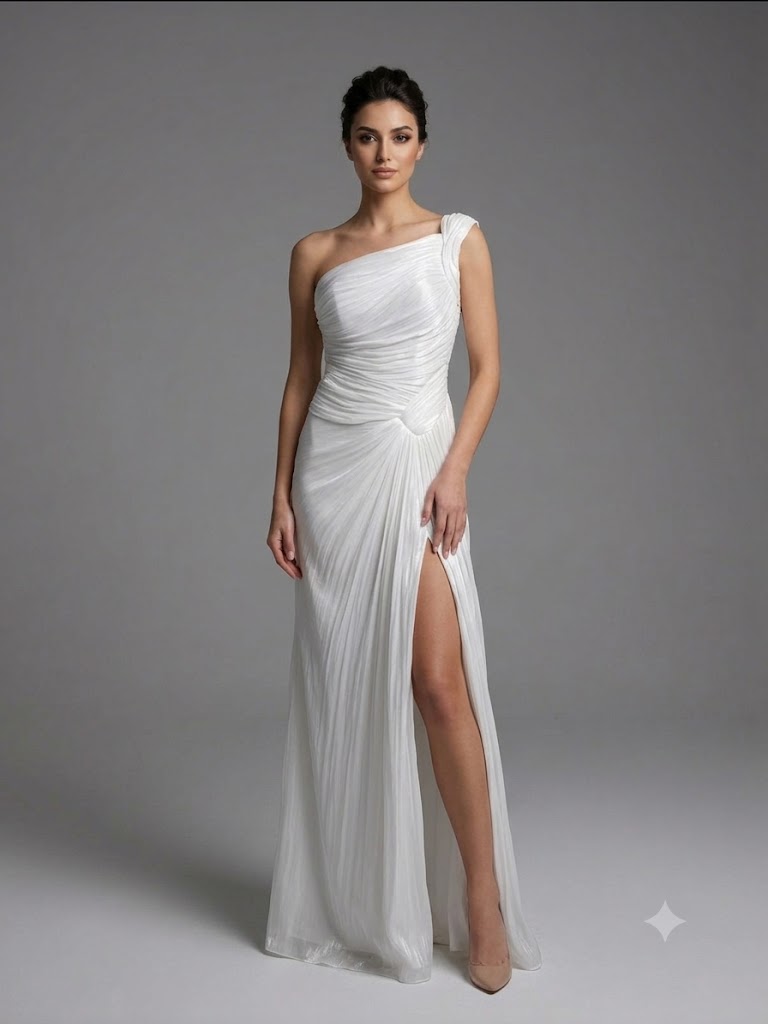 FOR COSTUME Tek Omuz Drape Detaylı Yırtmaçlı Abiye  9558 - kemik