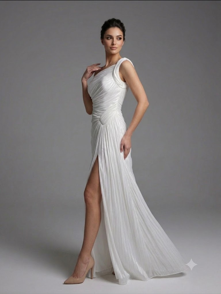 FOR COSTUME Tek Omuz Drape Detaylı Yırtmaçlı Abiye  9558 - kemik