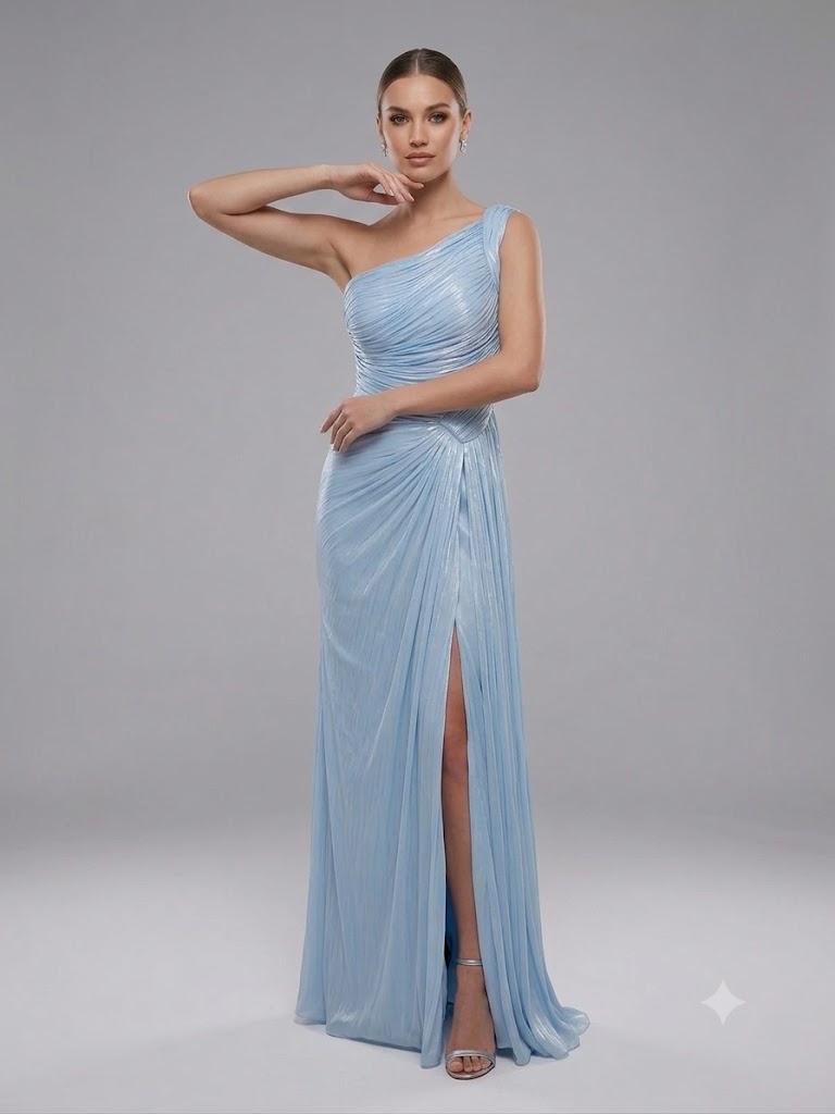 FOR COSTUME Tek Omuz Drape Detaylı Yırtmaçlı Abiye  9558 - MAVİ