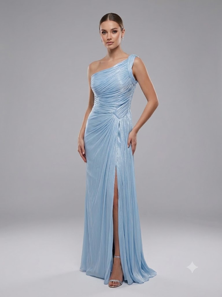 FOR COSTUME Tek Omuz Drape Detaylı Yırtmaçlı Abiye  9558 - MAVİ