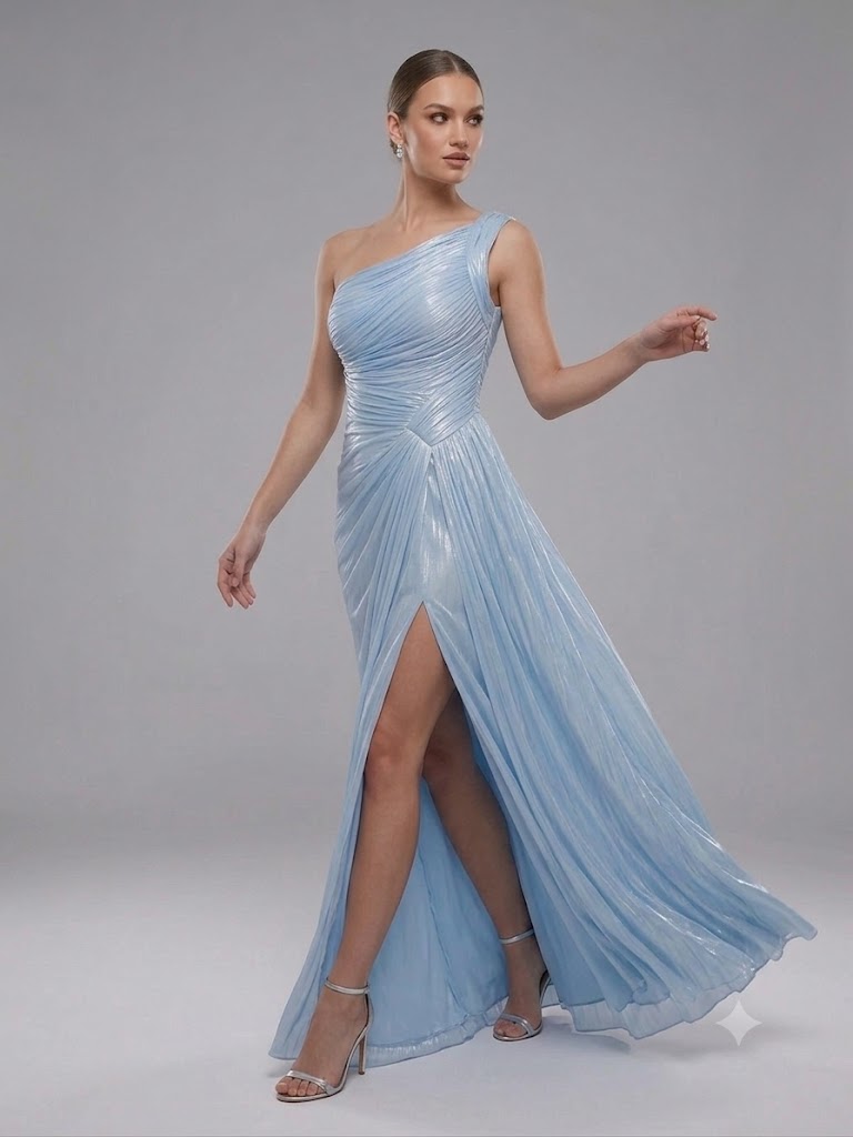 FOR COSTUME Tek Omuz Drape Detaylı Yırtmaçlı Abiye  9558 - MAVİ