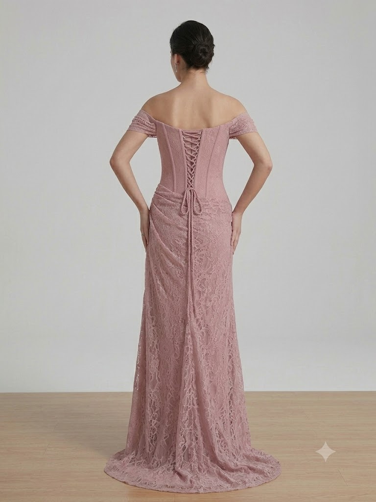FOR COSTUME  Dantelli Corset Detaylı Düşük Omuz Abiye Elbise 9923 - PUDRA