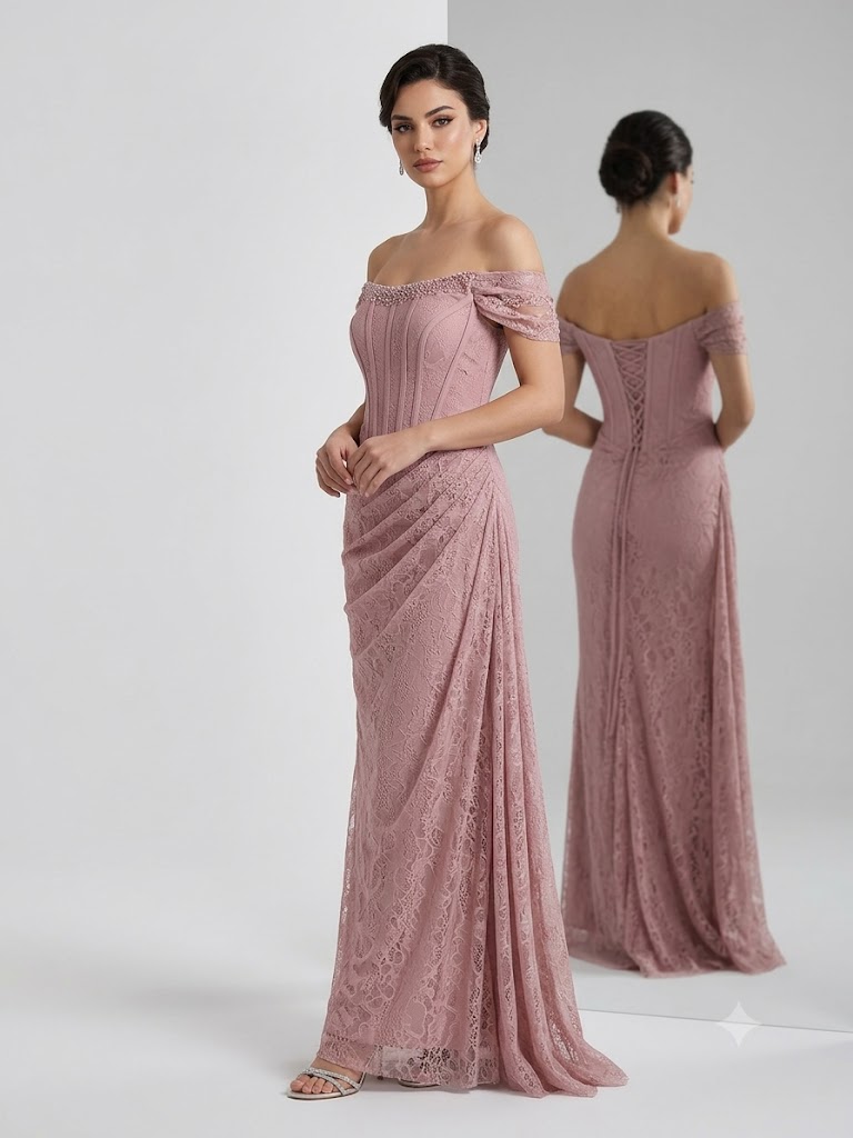 FOR COSTUME  Dantelli Corset Detaylı Düşük Omuz Abiye Elbise 9923 - PUDRA