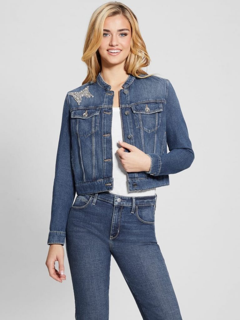 GUESS Taş İşlemeli Hakim Yaka Crop Kot Ceket W4RN54D4VIG - MAVİ