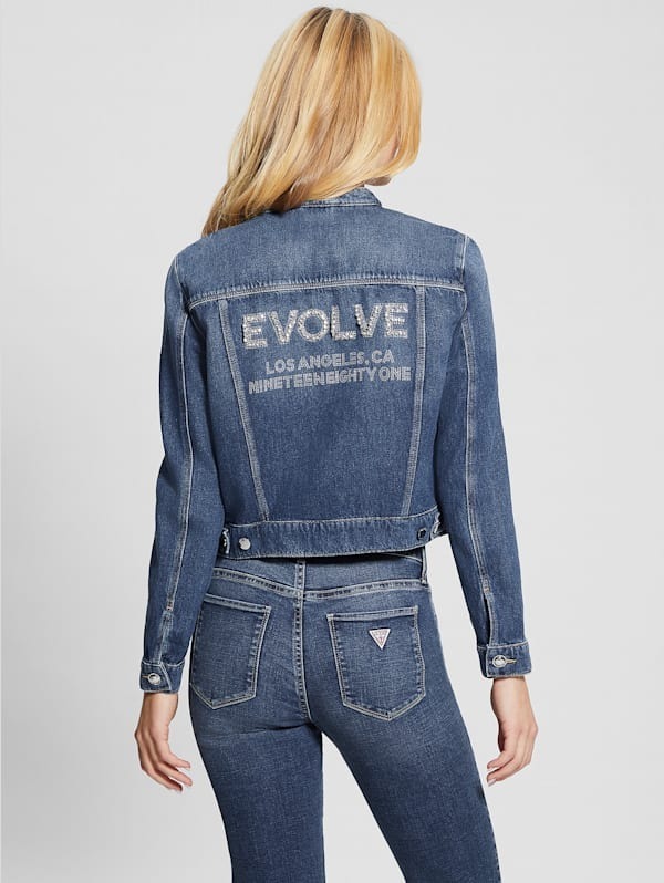 GUESS Taş İşlemeli Hakim Yaka Crop Kot Ceket W4RN54D4VIG - MAVİ