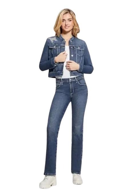 GUESS Taş İşlemeli Hakim Yaka Crop Kot Ceket W4RN54D4VIG - MAVİ