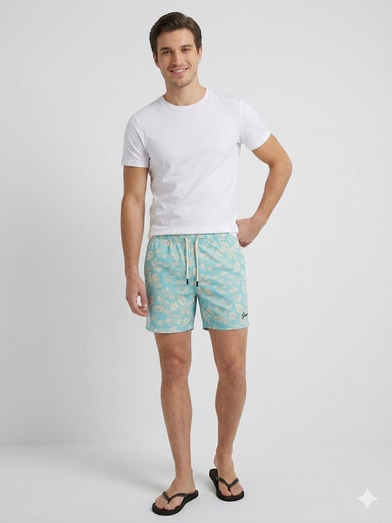 GUESS Erkek Deniz Şortu Mayosu Tropikal Çiçek Desenli F6GT08WG282 - MAVİ
