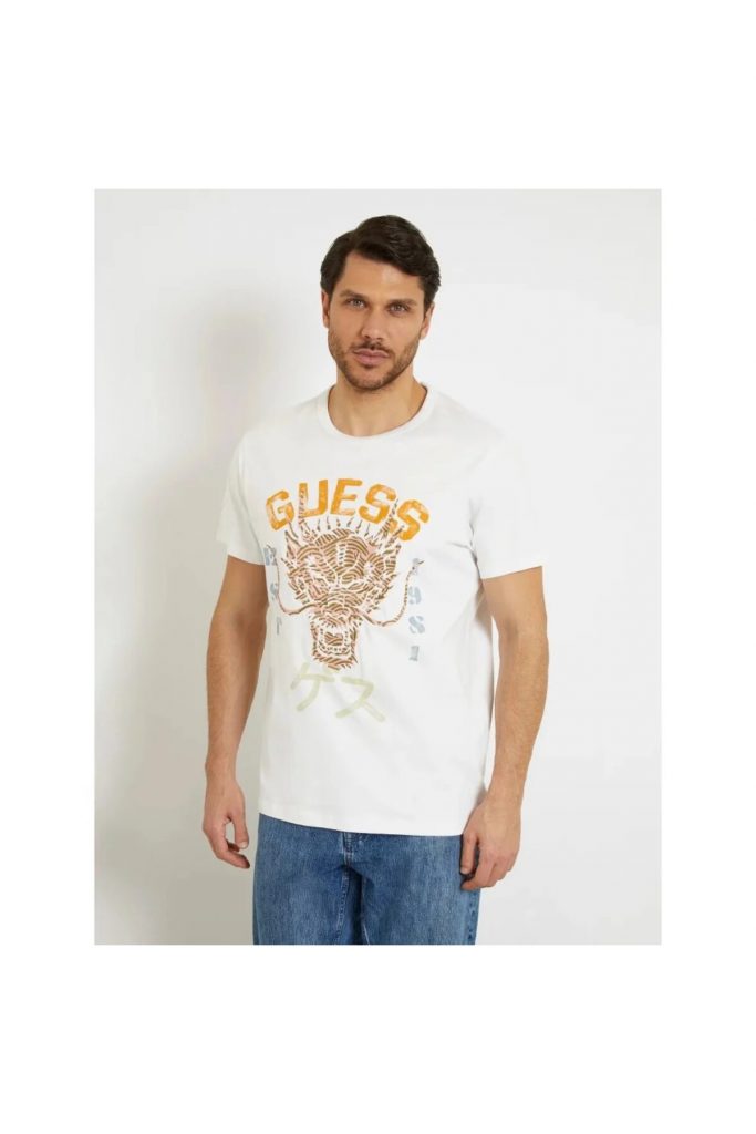GUESS  Erkek Ejderha Baskılı Bisiklet Yaka Pamuklu Kısa Kollu T-Shirt M4GI21K8FQ4 - Beyaz