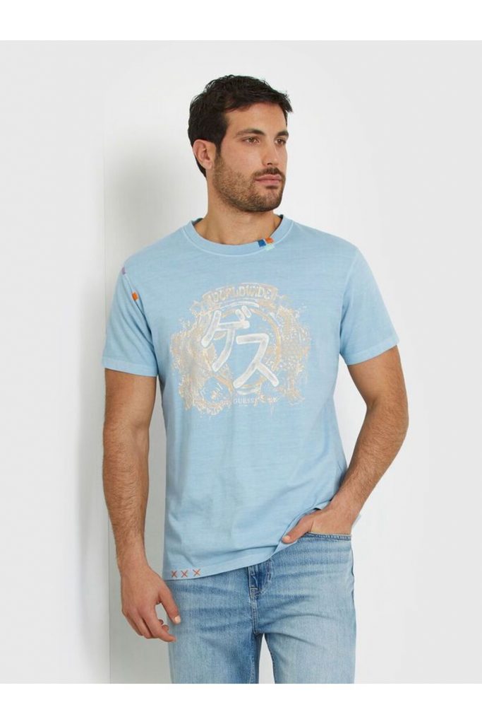 GUESS Erkek Açık Mavi Baskılı Bisiklet Yaka Pamuklu Kısa Kollu T-Shirt M4GI22K8FQ4 - MAVİ
