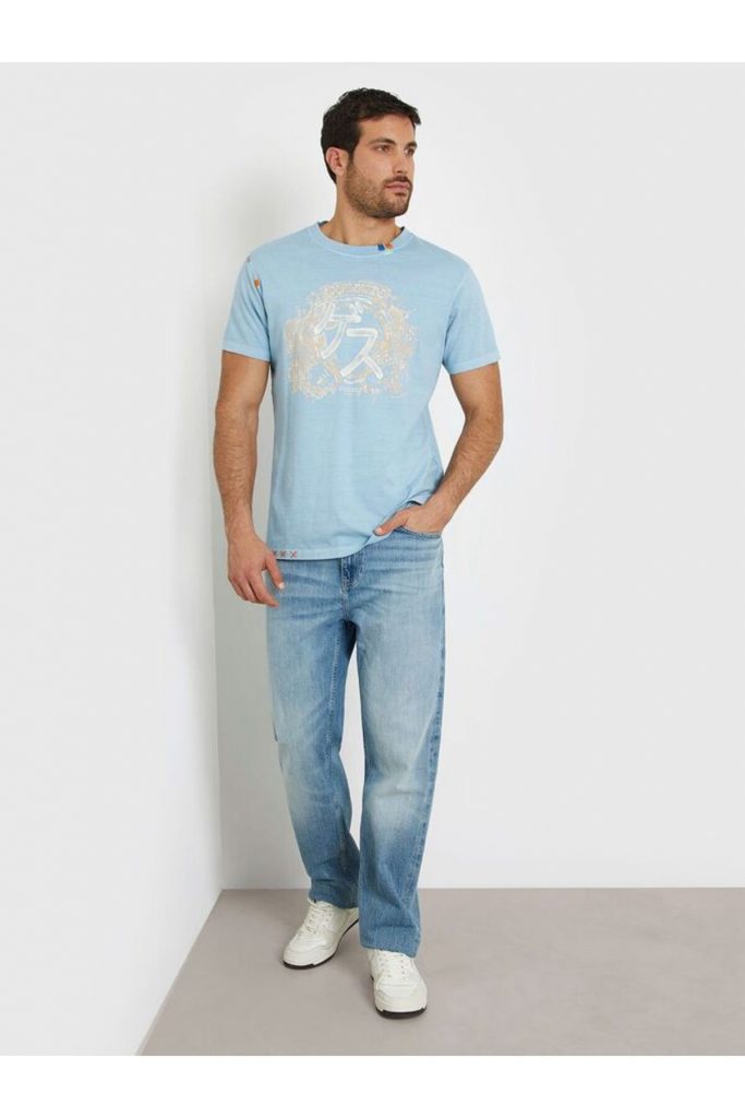GUESS Erkek Açık Mavi Baskılı Bisiklet Yaka Pamuklu Kısa Kollu T-Shirt M4GI22K8FQ4 - MAVİ