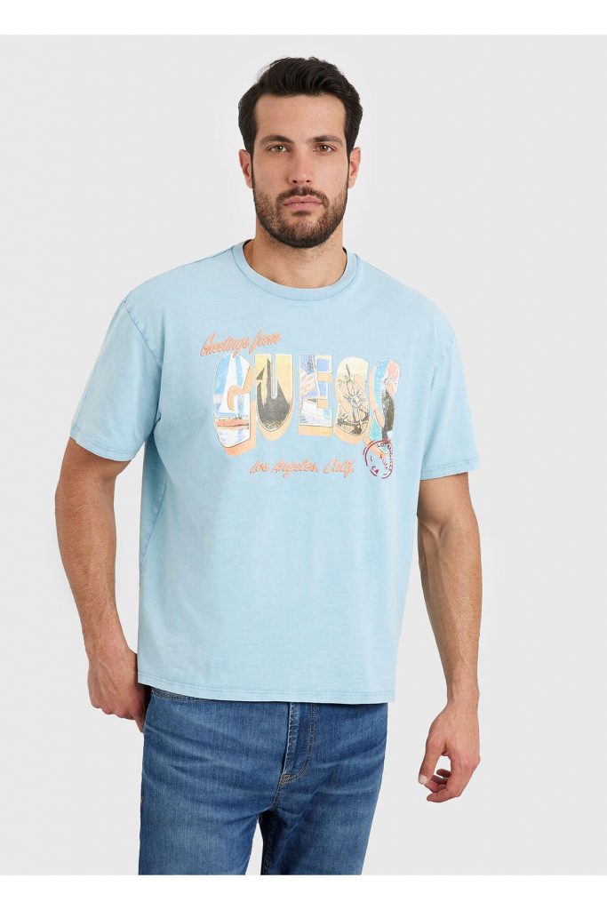 GUESS Bisiklet Yaka Baskılı T-Shirt M4GI44KC6U1 - MAVİ