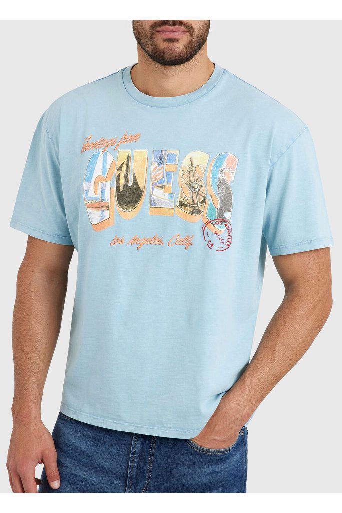 GUESS Bisiklet Yaka Baskılı T-Shirt M4GI44KC6U1 - MAVİ