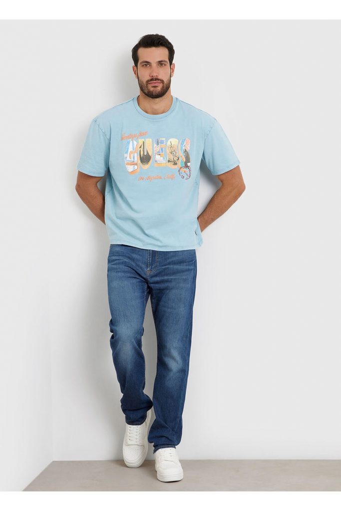 GUESS Bisiklet Yaka Baskılı T-Shirt M4GI44KC6U1 - MAVİ