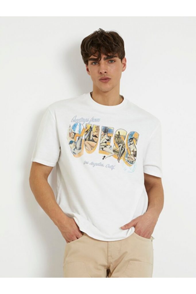 GUESS Bisiklet Yaka Baskılı T-Shirt M4GI44KC6U1 - Beyaz