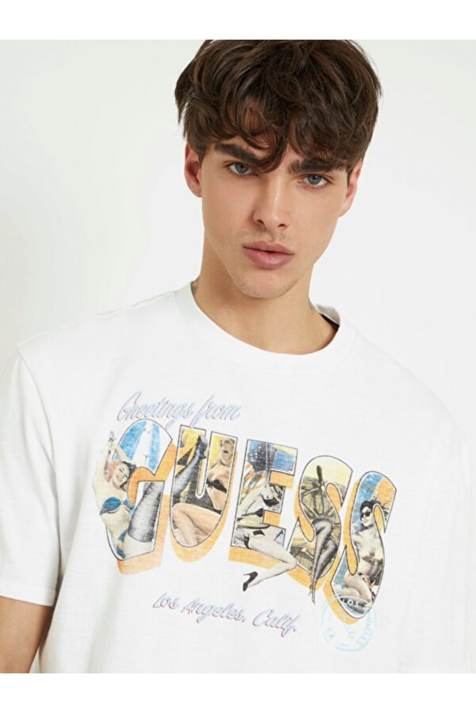 GUESS Bisiklet Yaka Baskılı T-Shirt M4GI44KC6U1 - Beyaz