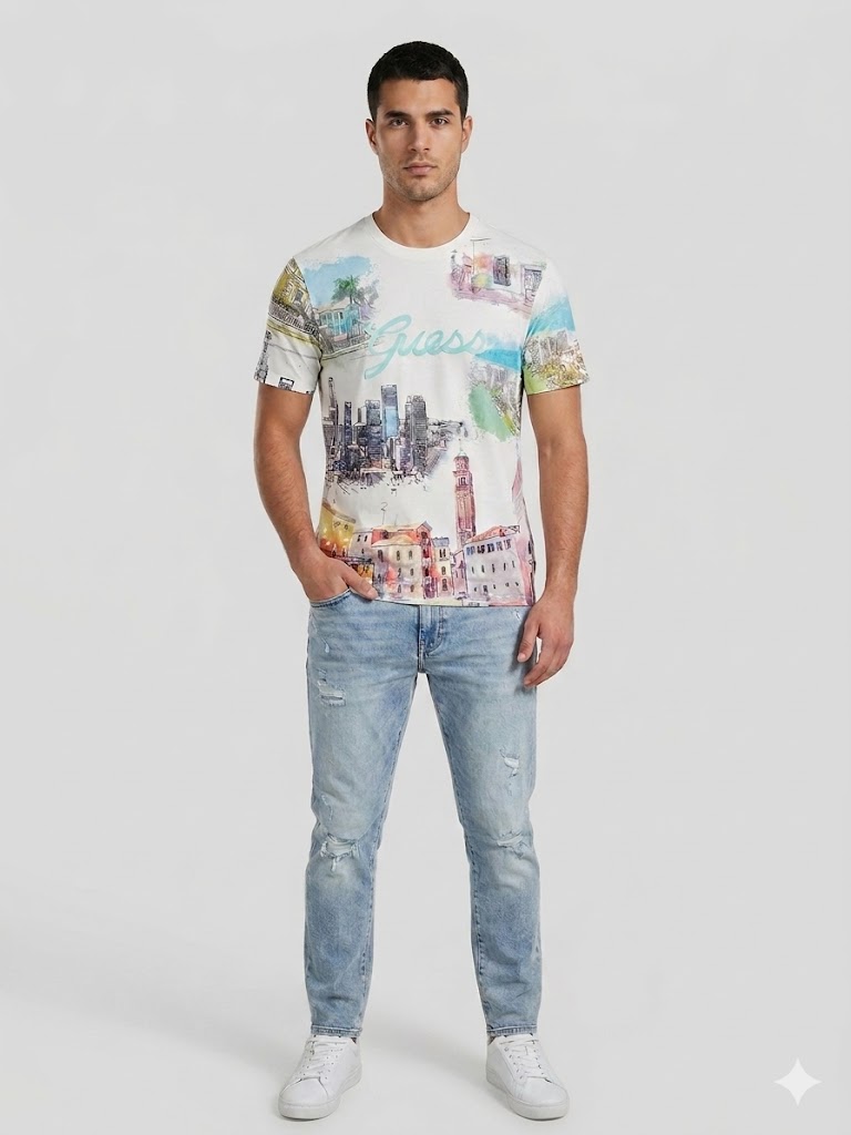 GUESS Desenli Riviera Bisiklet Yaka T-Shirt M4GI54K9RM1 - Beyaz