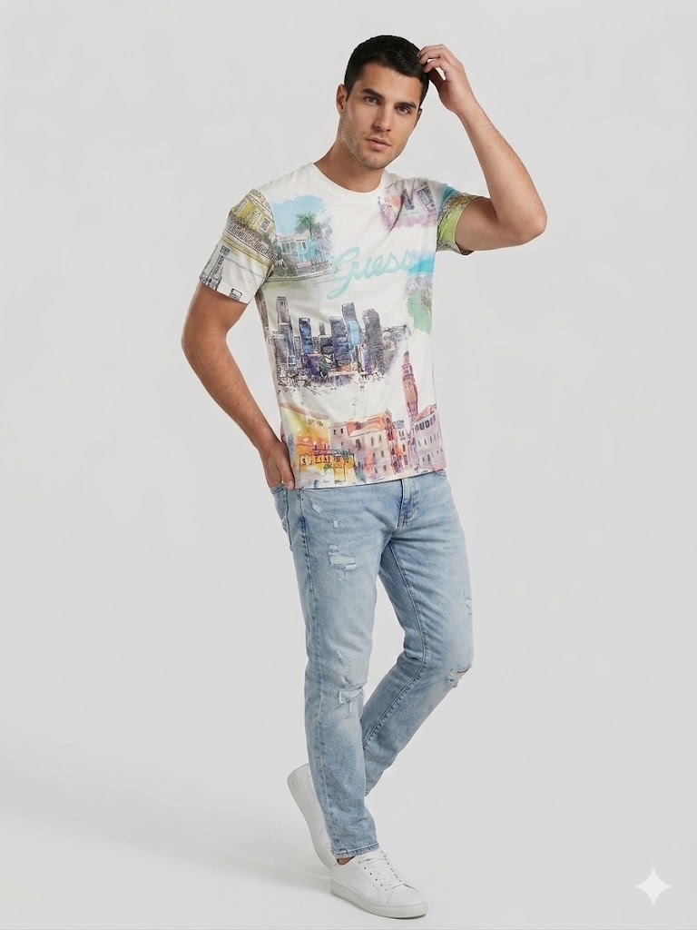 GUESS Desenli Riviera Bisiklet Yaka T-Shirt M4GI54K9RM1 - Beyaz