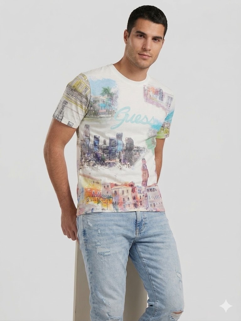 GUESS Desenli Riviera Bisiklet Yaka T-Shirt M4GI54K9RM1 - Beyaz
