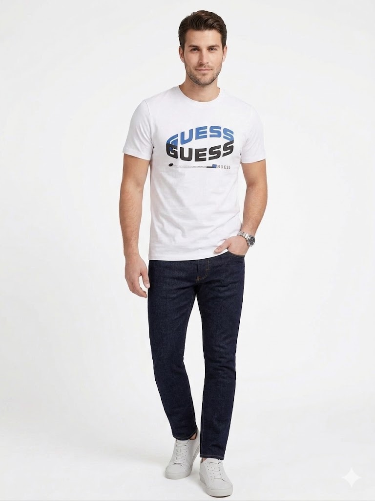 GUESS Erkek Baskılı Bisiklet Yaka Kısa Kollu Pamuklu T-Shirt Z4RI03I3Z14 - KIR.BEYAZ