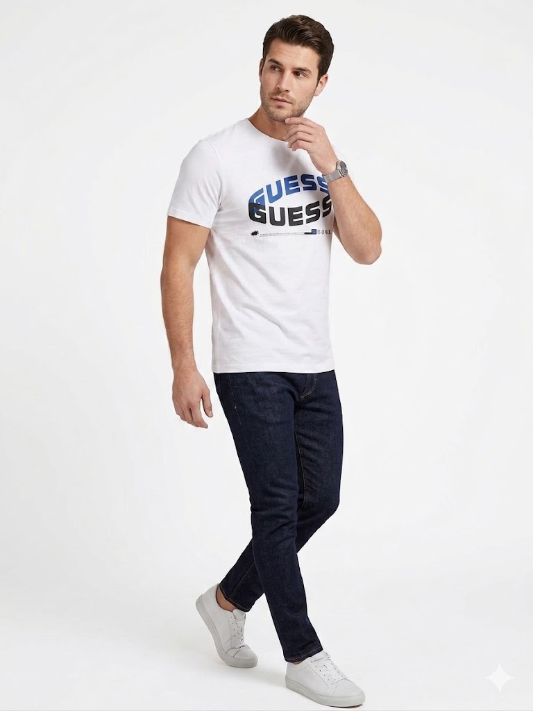 GUESS Erkek Baskılı Bisiklet Yaka Kısa Kollu Pamuklu T-Shirt Z4RI03I3Z14 - KIR.BEYAZ