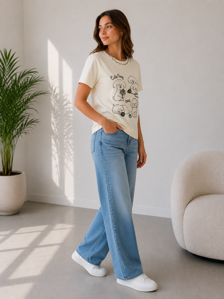 IT'S BASIC Nakışlı Kısa Kollu T-shirt  1161 - KREM