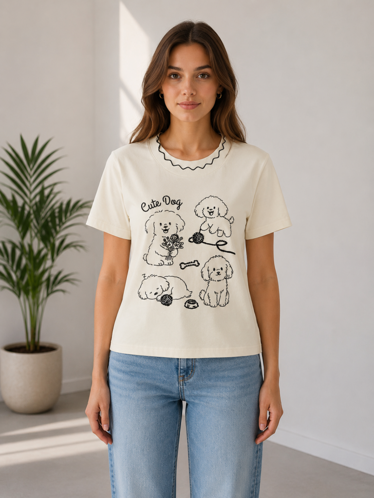 IT'S BASIC Nakışlı Kısa Kollu T-shirt  1161 - KREM