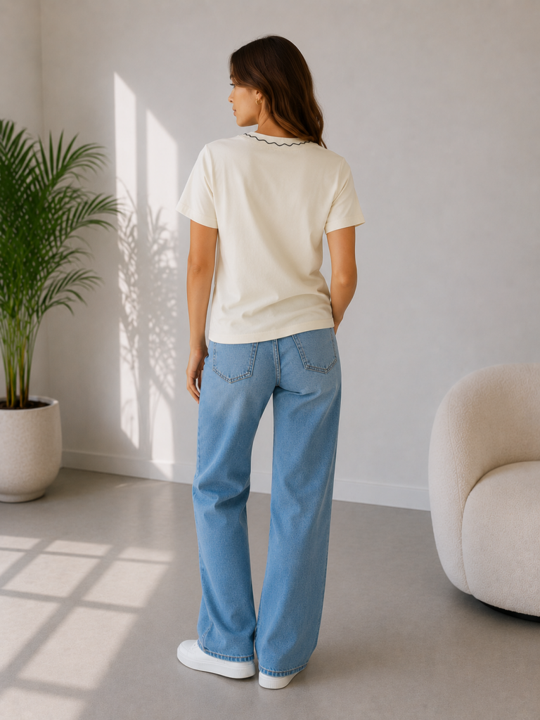 IT'S BASIC Nakışlı Kısa Kollu T-shirt  1161 - KREM