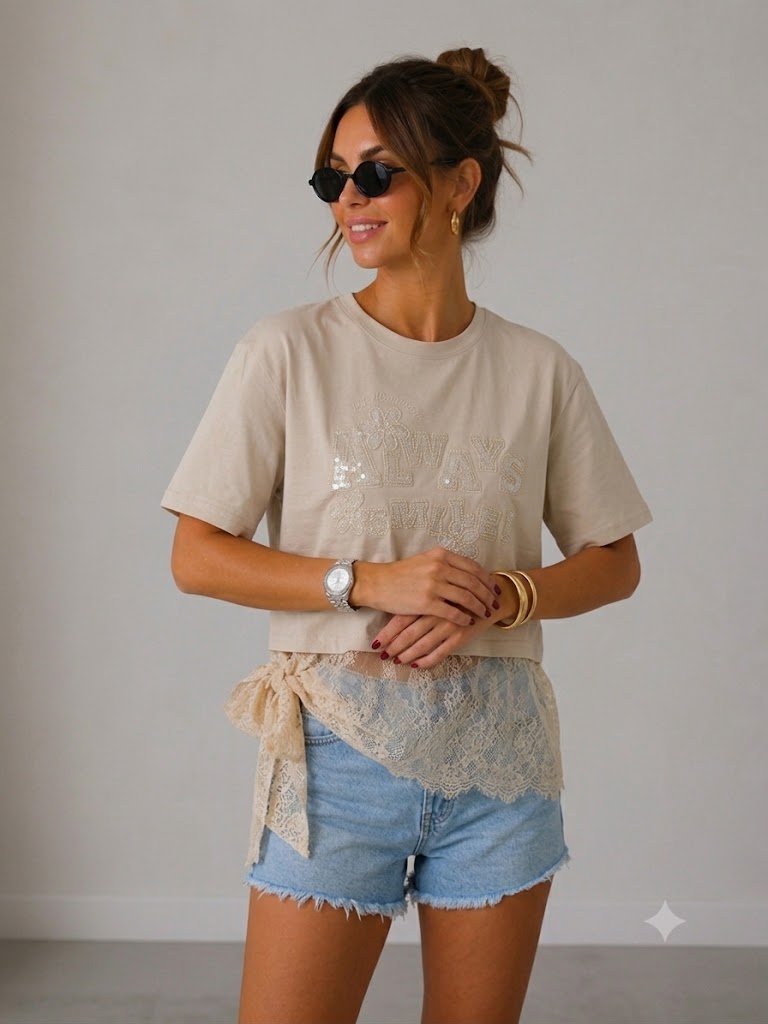 IT'S BASIC Dantel Detaylı Crop Tişört 2161 - BEJ
