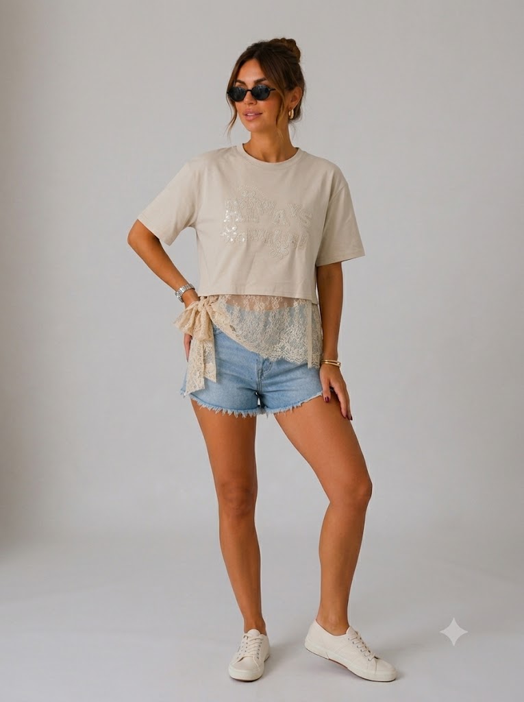 IT'S BASIC Dantel Detaylı Crop Tişört 2161 - BEJ