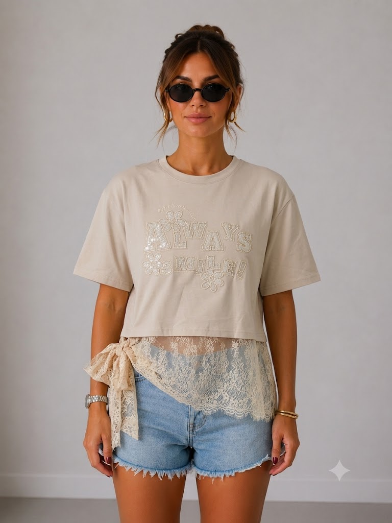 IT'S BASIC Dantel Detaylı Crop Tişört 2161 - BEJ