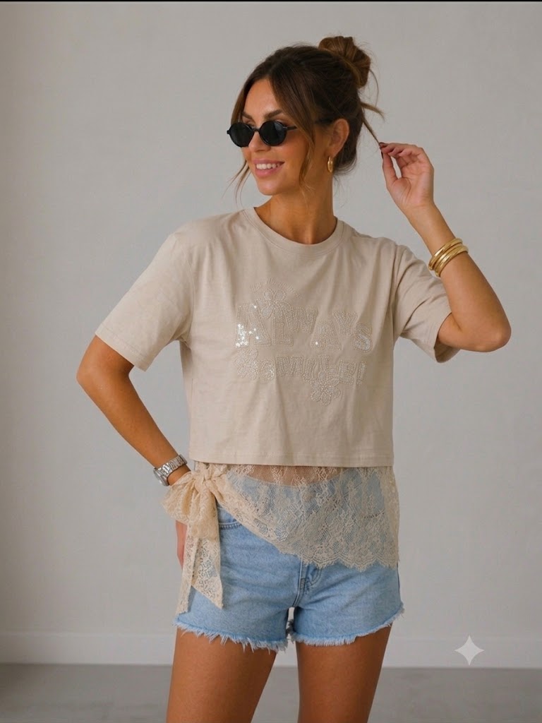 IT'S BASIC Dantel Detaylı Crop Tişört 2161 - BEJ